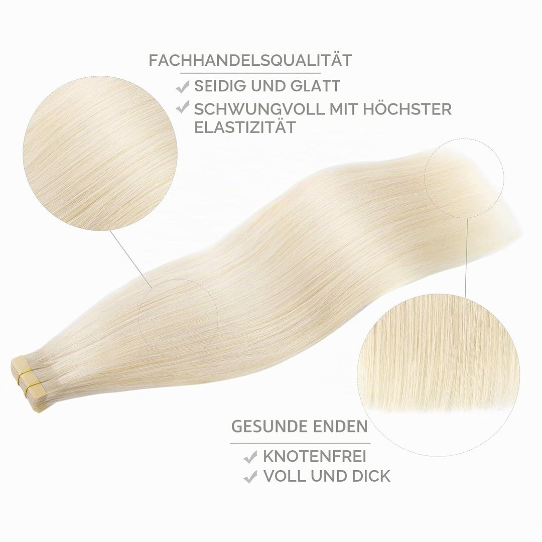 WENNALIFE Tape Extensions Echthaar, 20pcs 40g 30cm 12 Zoll Platinblond Remy Invisible Tape Extension