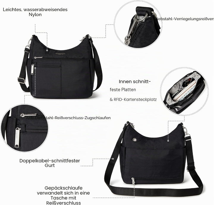 Baggallini Damen Anti-Theft Free Time Crossbody Bag Umhängetasche, Einheitsgrösse Schwarz, Schwarz
