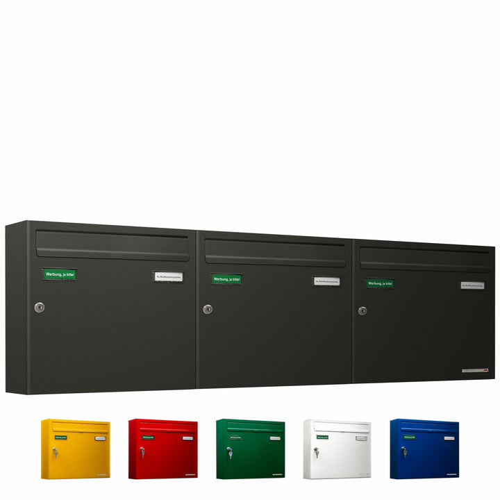 AL Briefkastensysteme Basic 3er Briefkasten DB 703 Eisenglimmer Grau 3 Fach DIN A4 wetterfest Briefk