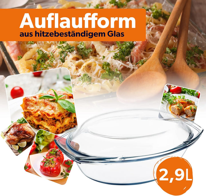 KADAX Auflaufform aus hitzebeständigem Glas, feuerfestes Gefäss, Glasbräter mit Deckel und Griffe, G