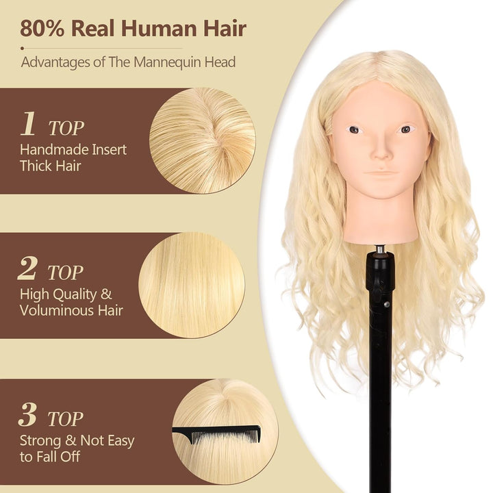 Frisierkopf Echthaar, TopDirect 66cm/26 Zoll 70% Echtes Haar Ubungskopf Friseur Trainingskopf mit Fl