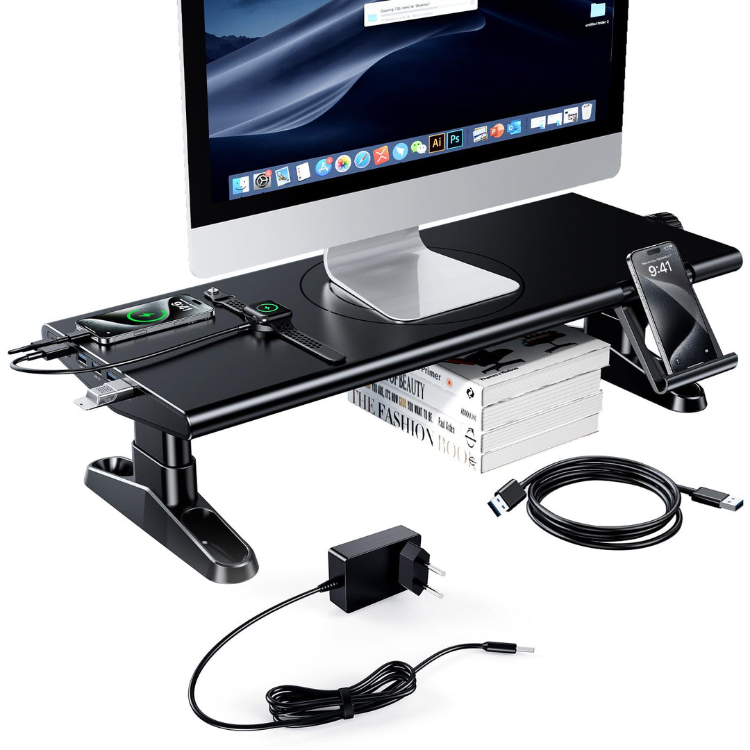 Monitorständer mit 6 USB C 3.0 Hub,HöHenverstellbar Monitor Erhöhung Schreibtisch Organizer Monitor