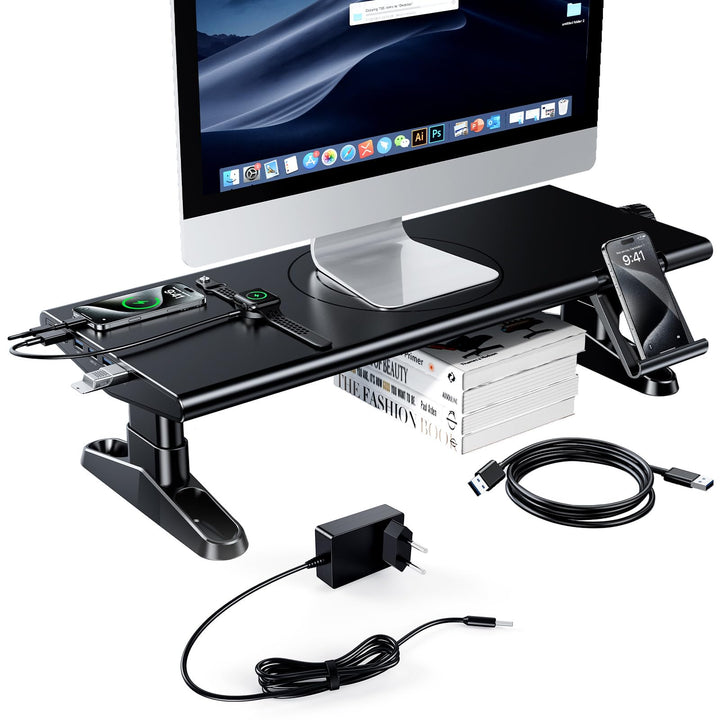 Monitorständer mit 6 USB C 3.0 Hub,HöHenverstellbar Monitor Erhöhung Schreibtisch Organizer Monitor