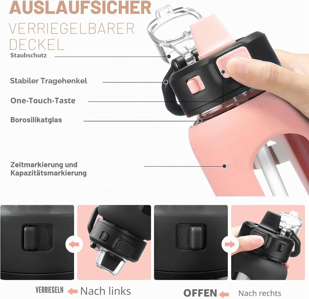 BLUEGO 700ml Trinkflasche Glas mit Strohhalm und Griff Auslaufsichere Wasserflasche mit Silikonhülle