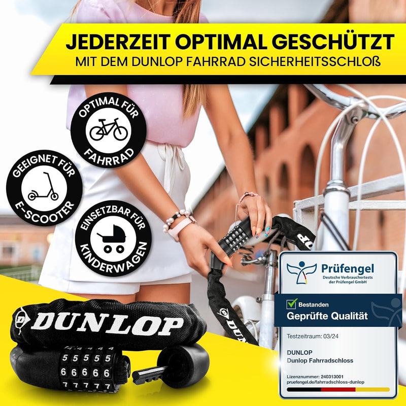 DUNLOP Fahrradschloss Zahlenschloss - Hohe Sicherheit - 100 cm -Sicherheitslevel-6 Schloss mit 5er Z