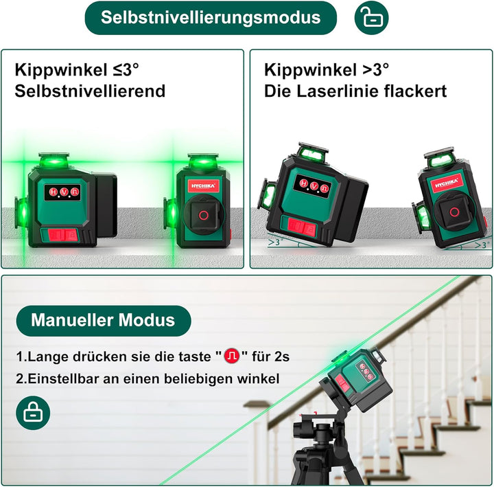 HYCHIKA Kreuzlinienlaser mit Stativ, 3x360 ° Grün Selbstnivellierend Laser Wasserwaage, Kreuzlaser L