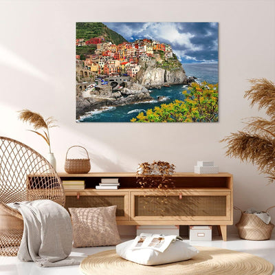 Bilder auf Leinwand 100x70cm Leinwandbild Italien küste felsen landschaft Gross Wanddeko Bild Schlaf