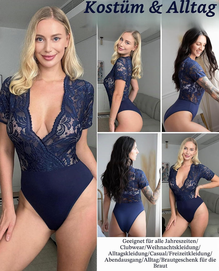 Avidlove Damen Lace Body Sexy Kurzarm Bodysuit Bluse V Ausschnitt Mesh Tops Elegante Oberteile Mit S