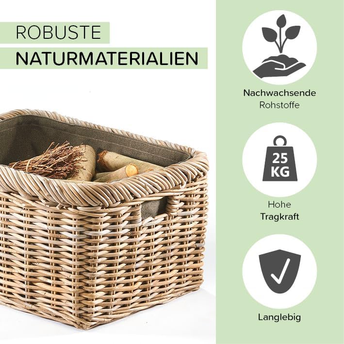 Kobolo Kaminholzkorb Holztrage für Kaminholz - Rattan Kubu grau - Textileinsatz, Grau