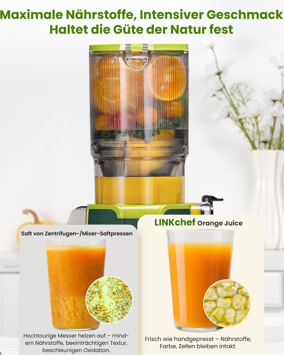 LINKChef Blitzreiniger Entsafter, NO-Prep Slow Juicer für Ganze Gemüse und Obst, Juicer Machine mit