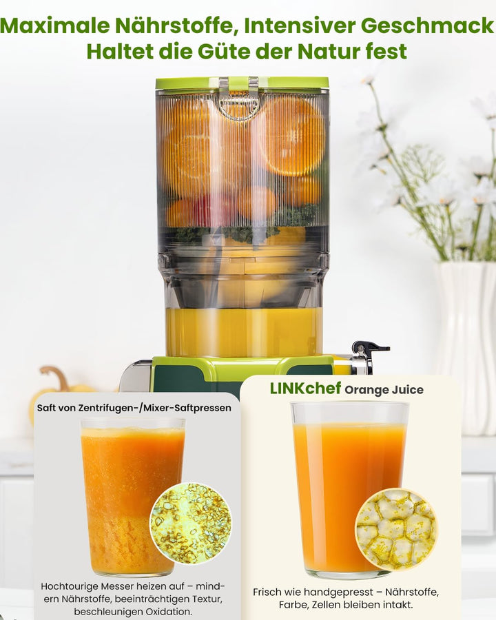 LINKChef Blitzreiniger Entsafter, NO-Prep Slow Juicer für Ganze Gemüse und Obst, Juicer Machine mit