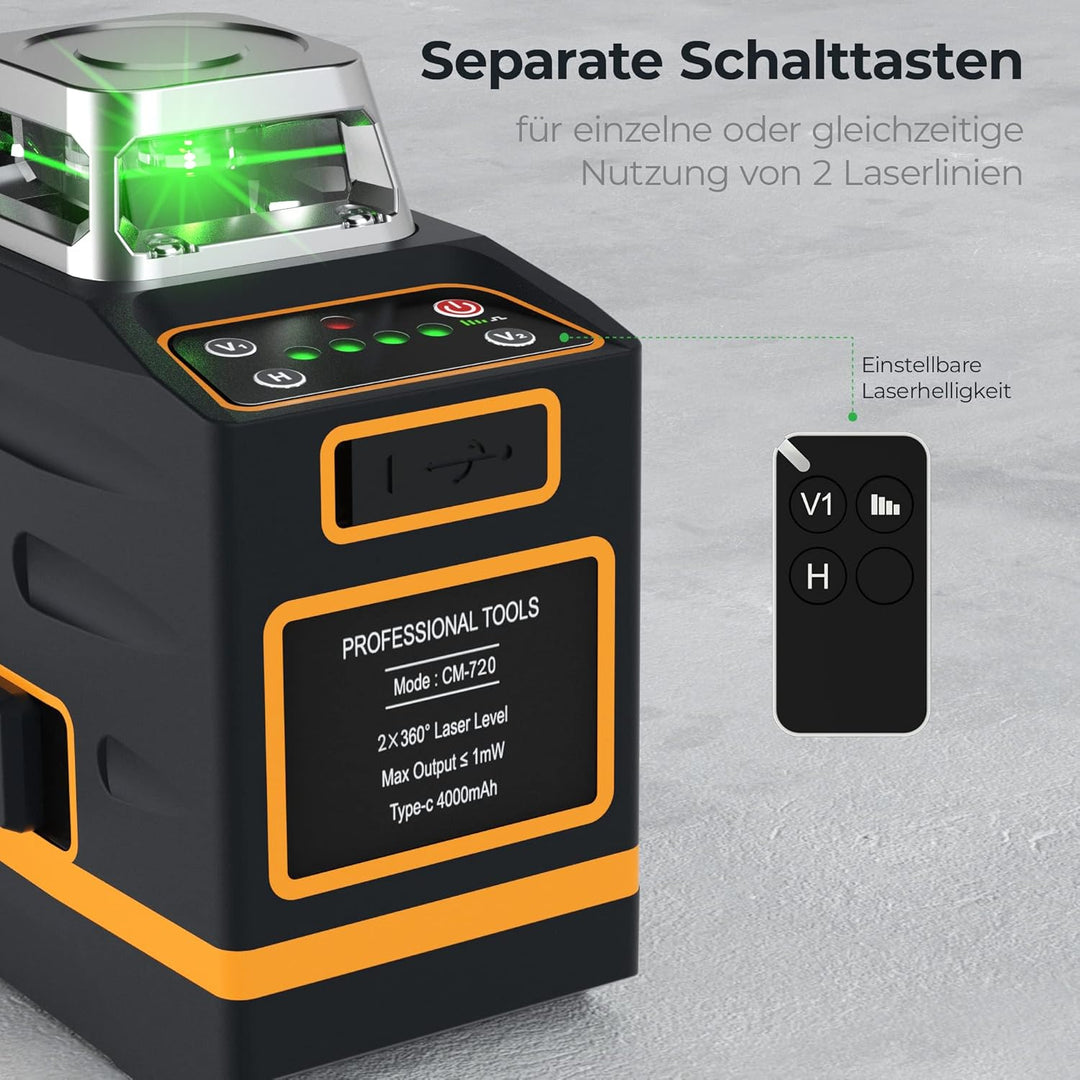 Kreuzlinienlaser, 2x360 Grün Grad Selbstnivellierend Laser Wasserwaage, Kreuzlaser mit wiederaufladb