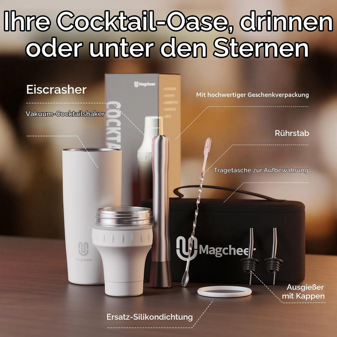Cocktail Shaker Set mit Integrierter Massskala 900ml Premium Edelstahl Frostsicherer Doppelwand-Bark