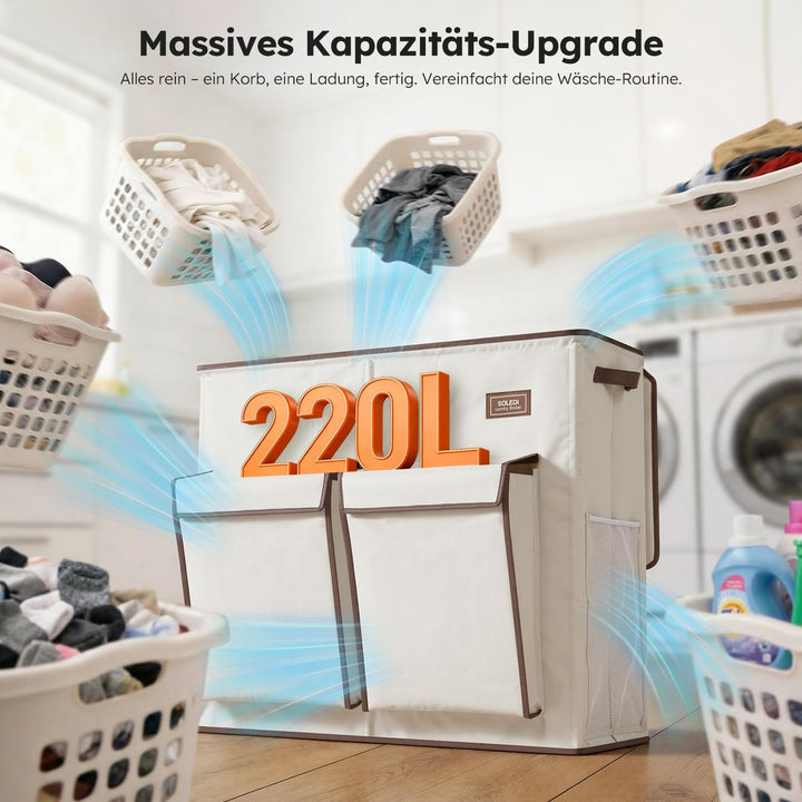 SOLEDI 220L Wäschekorb mit Deckel, Wäschesammler 3 Fächer mit 2 Seitentaschen, Laundr Baskets mit 3