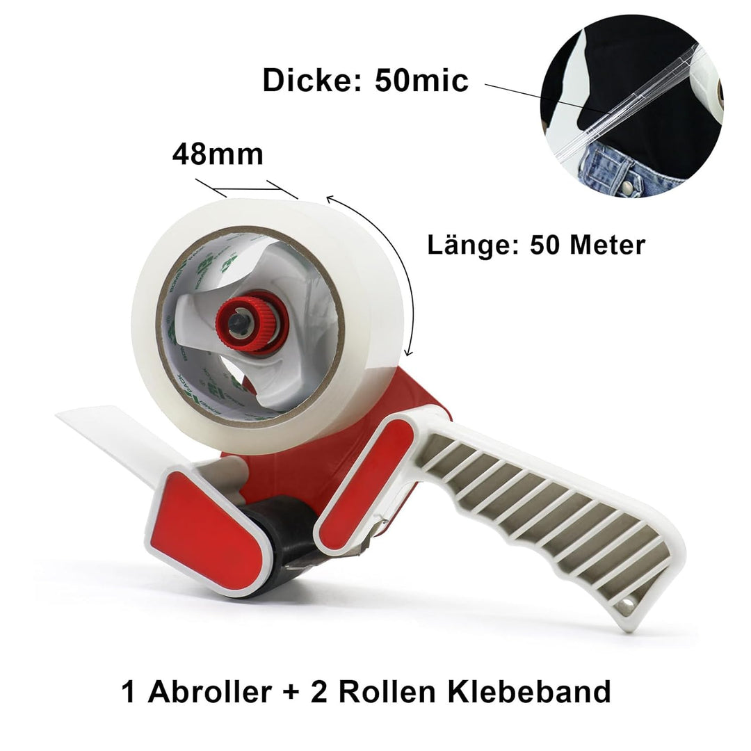 BOMEI PACK Paketklebeband 50 m x 48 mm - transparent - 2er Set mit Abroller - für Pakete und Karton