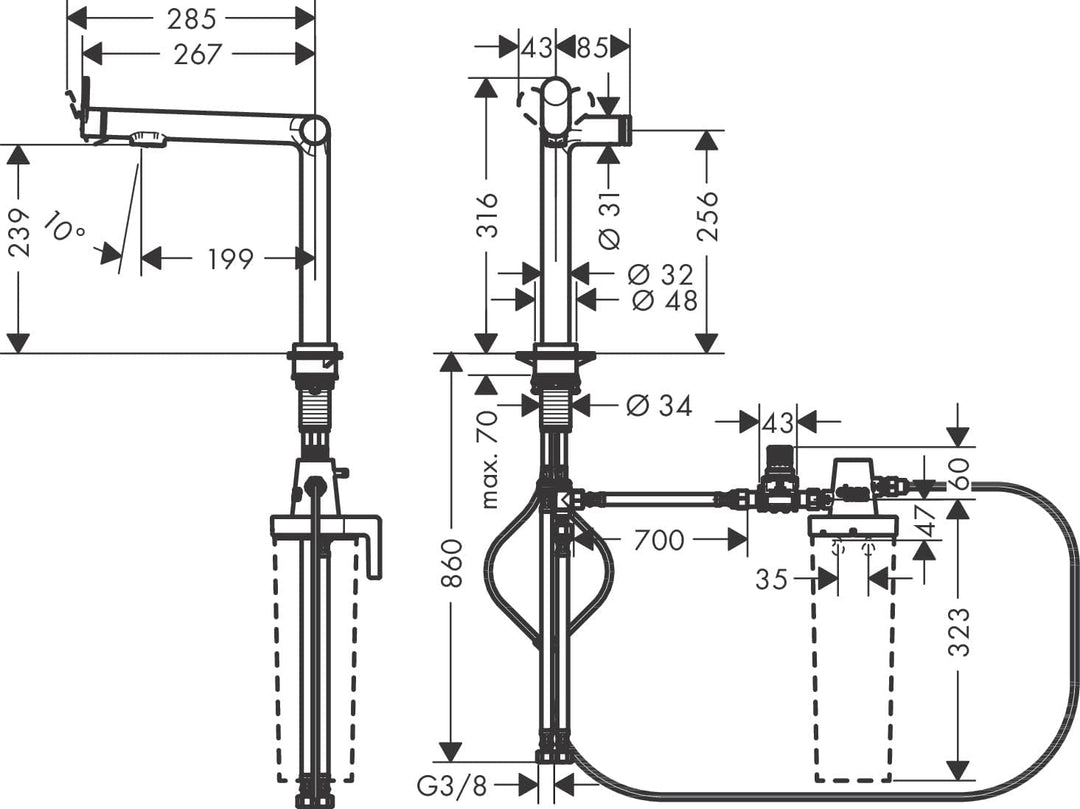 hansgrohe Küchenarmatur Aqittura M91 mit Wasserfilter, 3 Wege Wasserhahn Küche mit Auslauf Höhe 240