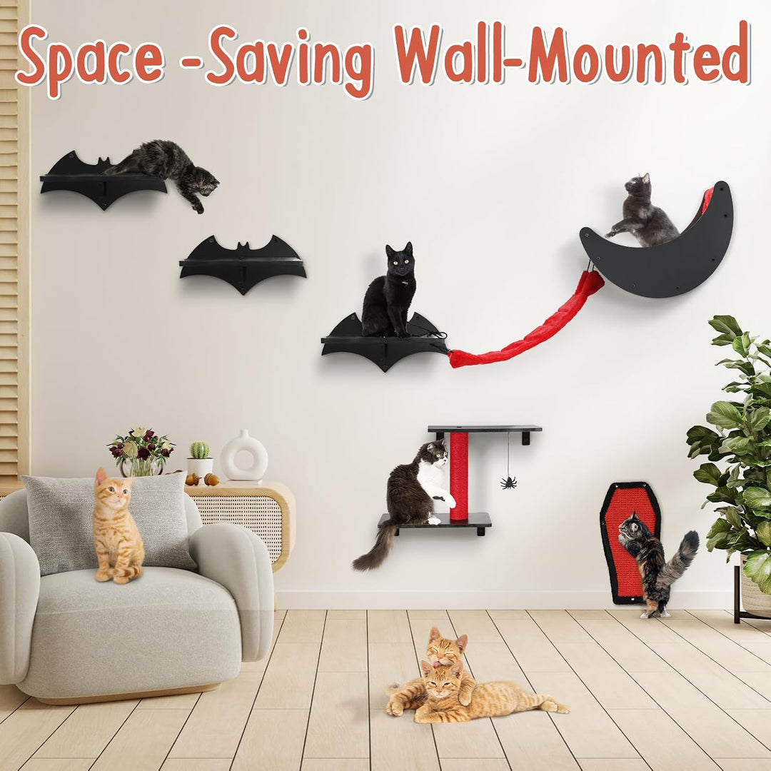 Gothic Katzen Wandregal Set, 7-teilig – Wandmontierter Kletterbaum für Katzen mit Brücke, Leiter, St