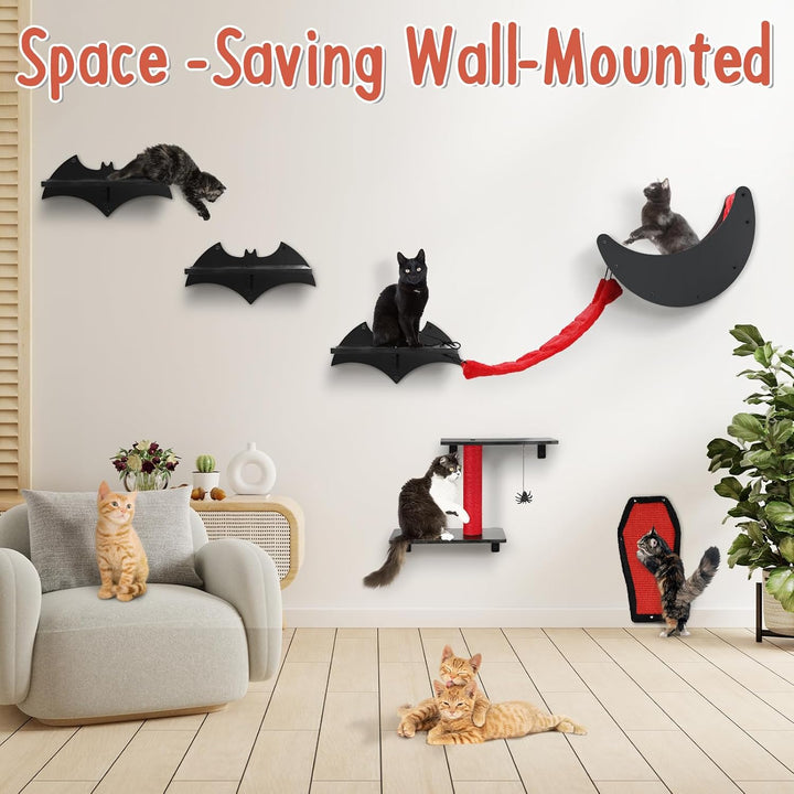Gothic Katzen Wandregal Set, 7-teilig – Wandmontierter Kletterbaum für Katzen mit Brücke, Leiter, St