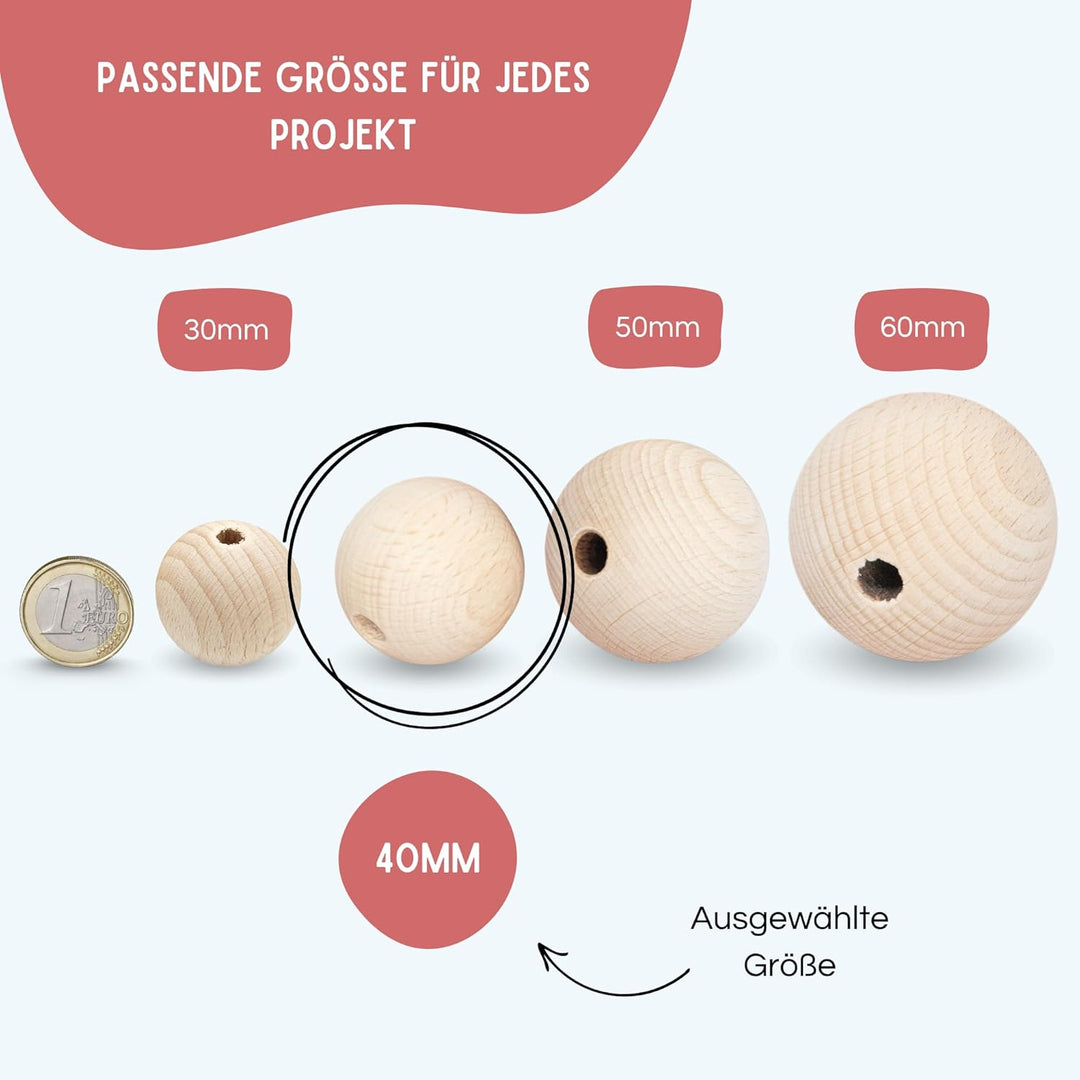 EV® Holzkugeln mit Loch - 22 Stück 40mm Durchmesser - Made in Austria - Grosse Holzperlen mit 8mm Bo
