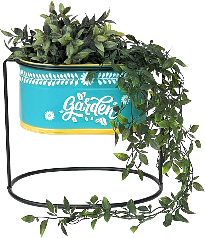 DanDiBo Blumenhocker mit Topf Metall Stehend Blau Oval 27 cm Blumenständer 96526 M Blumensäule Moder