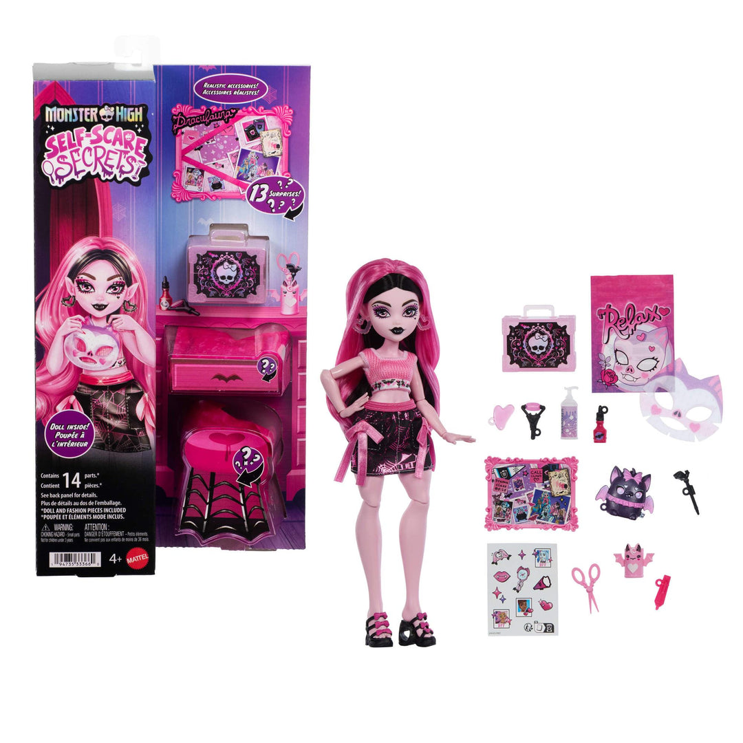Monster High Self-Scare Secrets Draculaura Puppe und Zubehör Set mit 13 realistischen Überraschungen