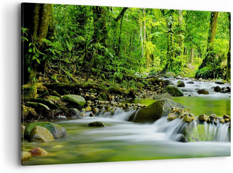 Bilder auf Leinwand 100x70cm Leinwandbild mit Rahmen Stream Wald Natur Gross Wanddeko Bild Schlafzim