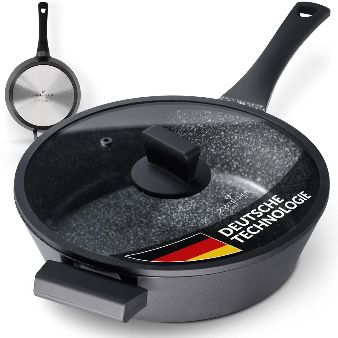 ZWIEGER Grosse Pfanne mit Deckel 28cm – Schmorpfanne 28 cm hoher Rand, Aluguss, vollflächiger Edelst