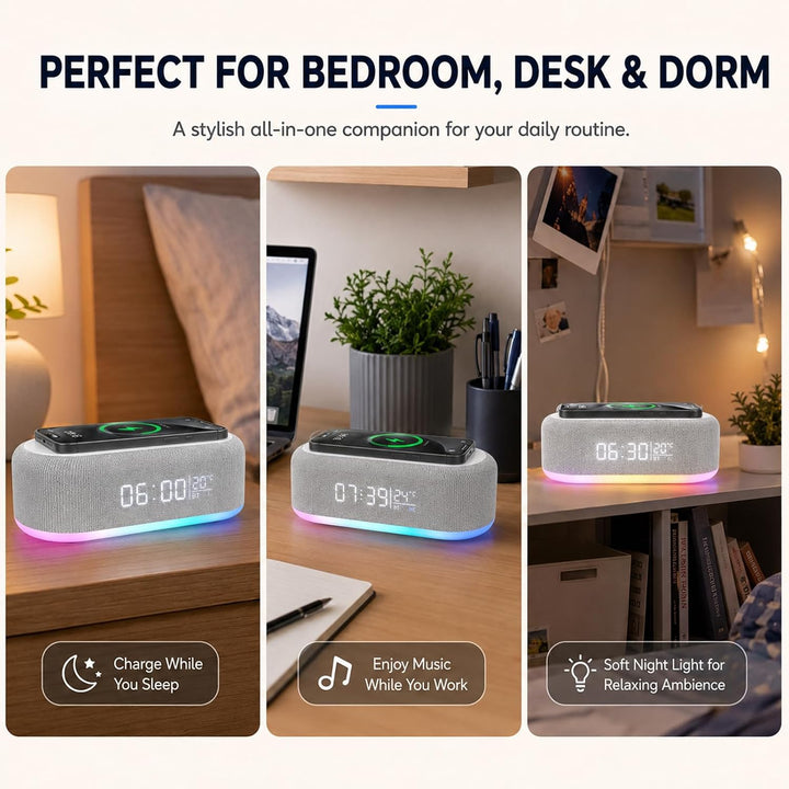 BYZESTY Radiowecker mit kabellosem Laden 15 W, Digitaler Radiowecker, Bluetooth, 6 in 1, mit Nachtli