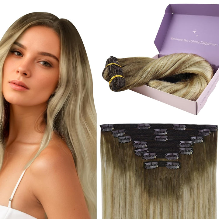 Fshine Clip in Echthaar Extensions Balazage Blond Voller Kopf Doppelt Tressen Haarverlängerung Clips