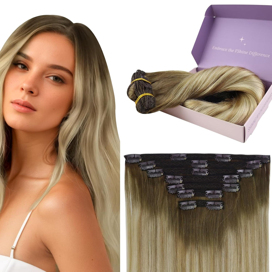 Fshine Blond Ombre Clip Extensions Echthaar Voller Kopf Echthaar Extensions mit Clips 50cm Full Head