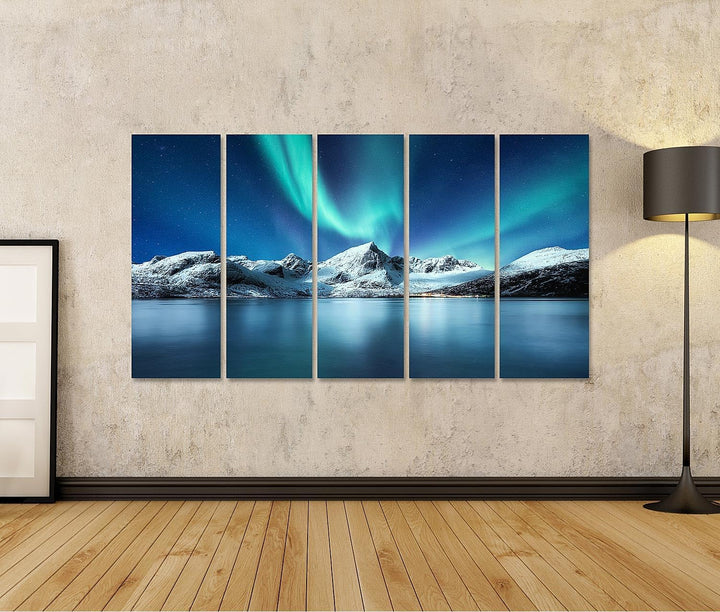 islandburner Leinwandbild Aurora Borealis Lofoten Inseln Norwegen Nordlichter Berge Reflexion Wa - L