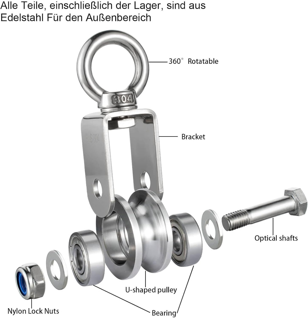 Umlenkrolle Edelstahl 304 für Stahlseil, Umlenkrollen für Seile, Seilrolle mit 2 Kugellager, Tragkra