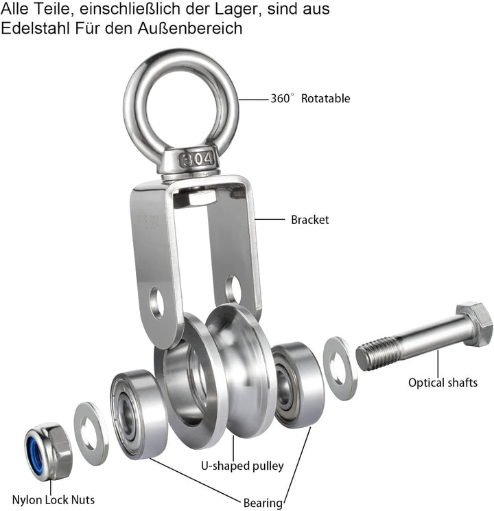 Umlenkrolle Edelstahl 304 für Stahlseil, Umlenkrollen für Seile, Seilrolle mit 2 Kugellager, Tragkra