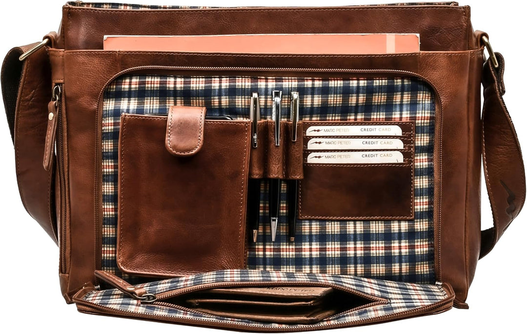 Marc Peter® Bergen leder Umhängetasche für Herren Damen | 15.6 Zoll Laptoptasche | Aktentasche aus e