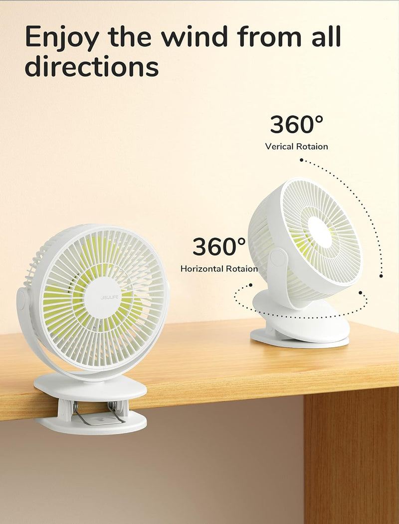 JISULIFE Mini USB Ventilator, Clip Akku Tischventilator Sehr Leise Klein mit 4000mAh Batterie, 4 Ges