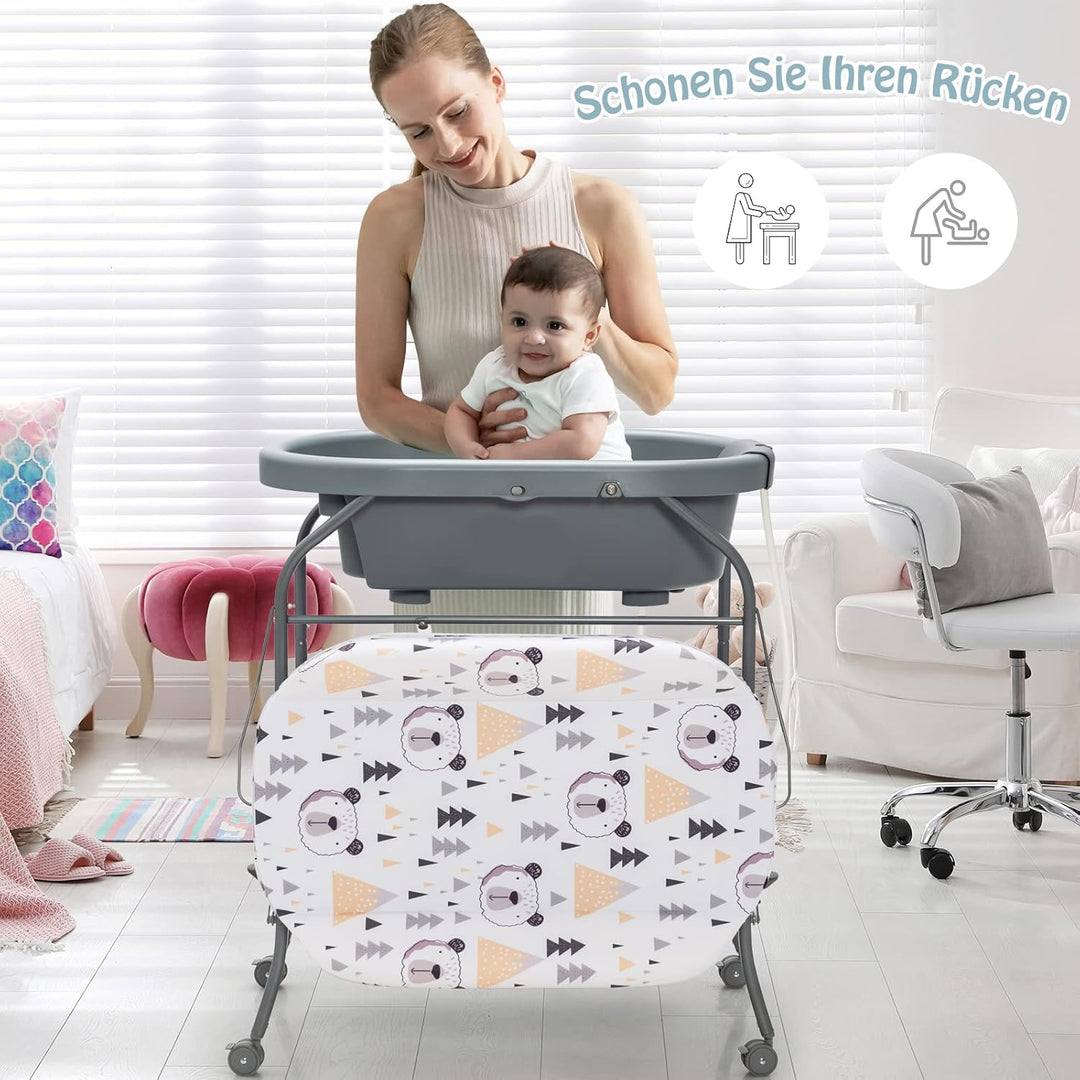 DREAMADE 2 in 1 Wickeltisch & Badewanne mit Gestell, Wickeltisch Klappbar, Wickelkommode auf Rollen
