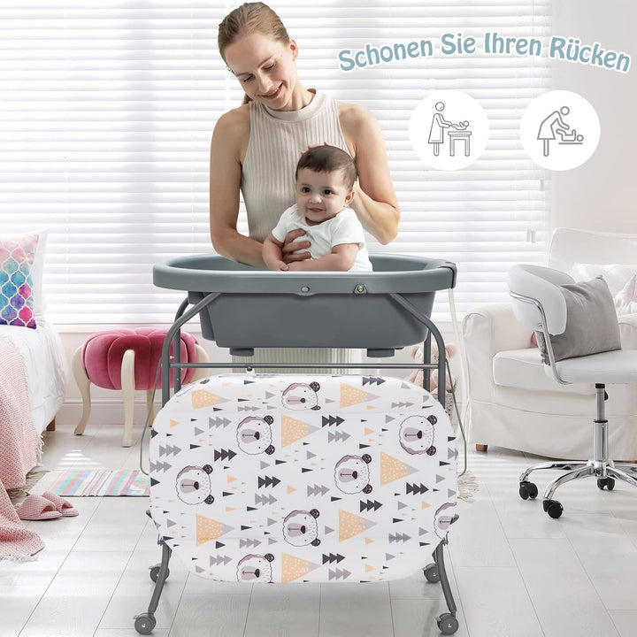 DREAMADE 2 in 1 Wickeltisch & Badewanne mit Gestell, Wickeltisch Klappbar, Wickelkommode auf Rollen