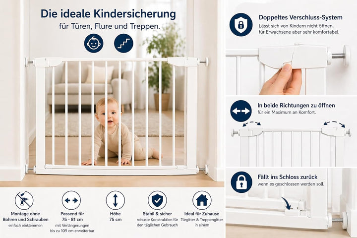 Fiducia Türschutzgitter Treppenschutzgitter erweiterbar bis 109 cm Ohne Bohren Hundegitter Türschutz