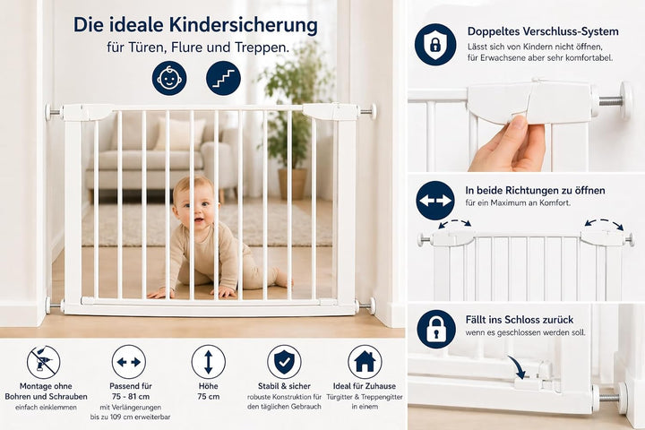 Fiducia Türschutzgitter Treppenschutzgitter erweiterbar bis 102 cm Ohne Bohren Hundegitter Türschutz