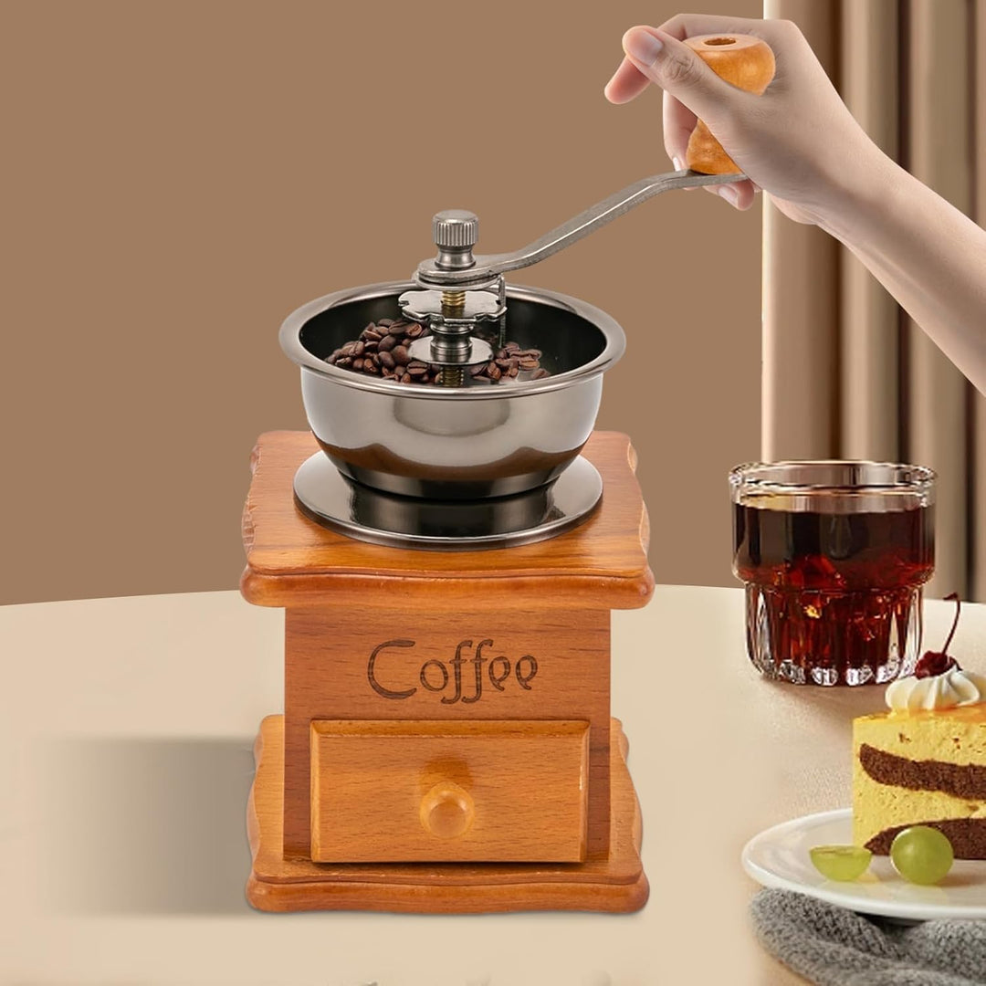 Kaffeemühle Manuell, Retro Handkaffeemühle mit Handkurbel und Holz Schublade, Kaffee Handmühle für E