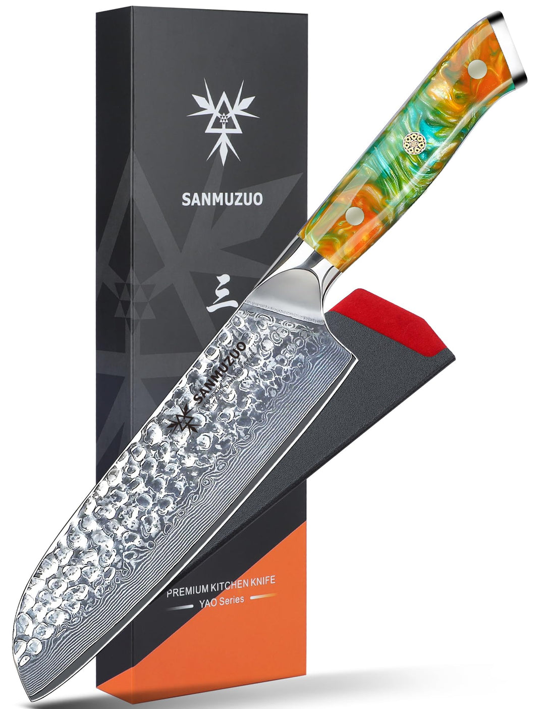 18 cm Santokumesser - Japanisches Kochmesser - Gehämmertem Damaststahl und Harz Griff - YAO Serie Da