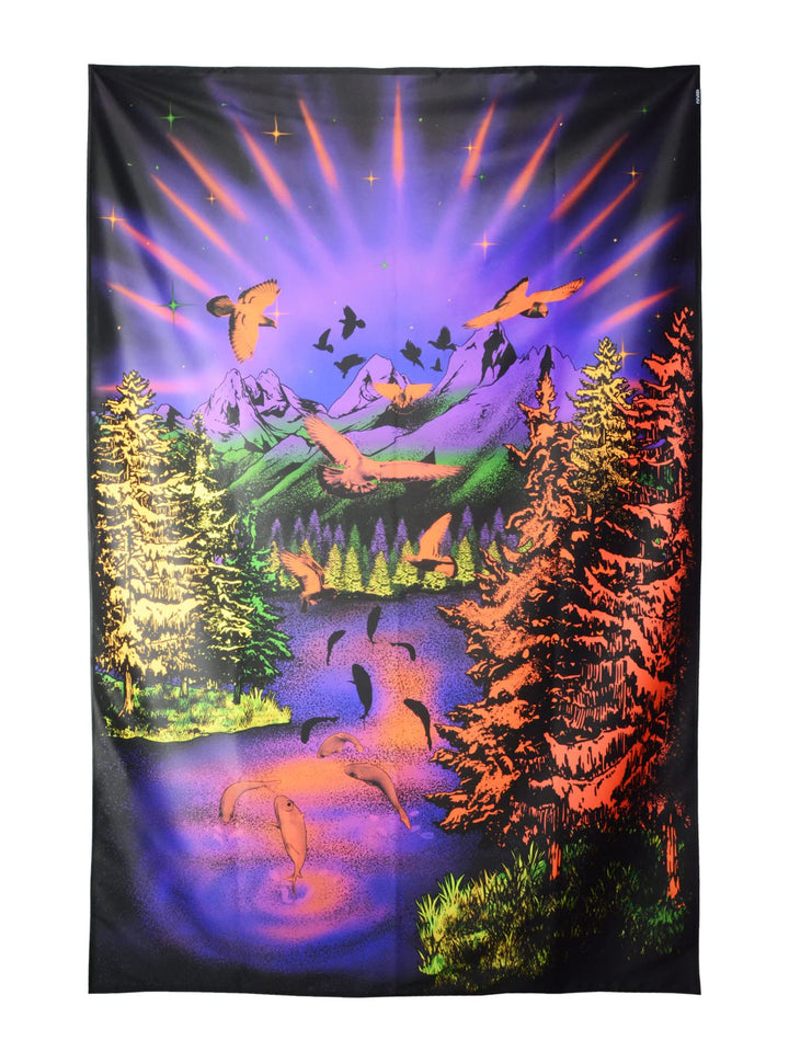 PSYWORK Schwarzlicht Stoffposter Neon | Chromadepth 3D Mountain Lake View | 1,5 x 2,25m | UV-aktiv |