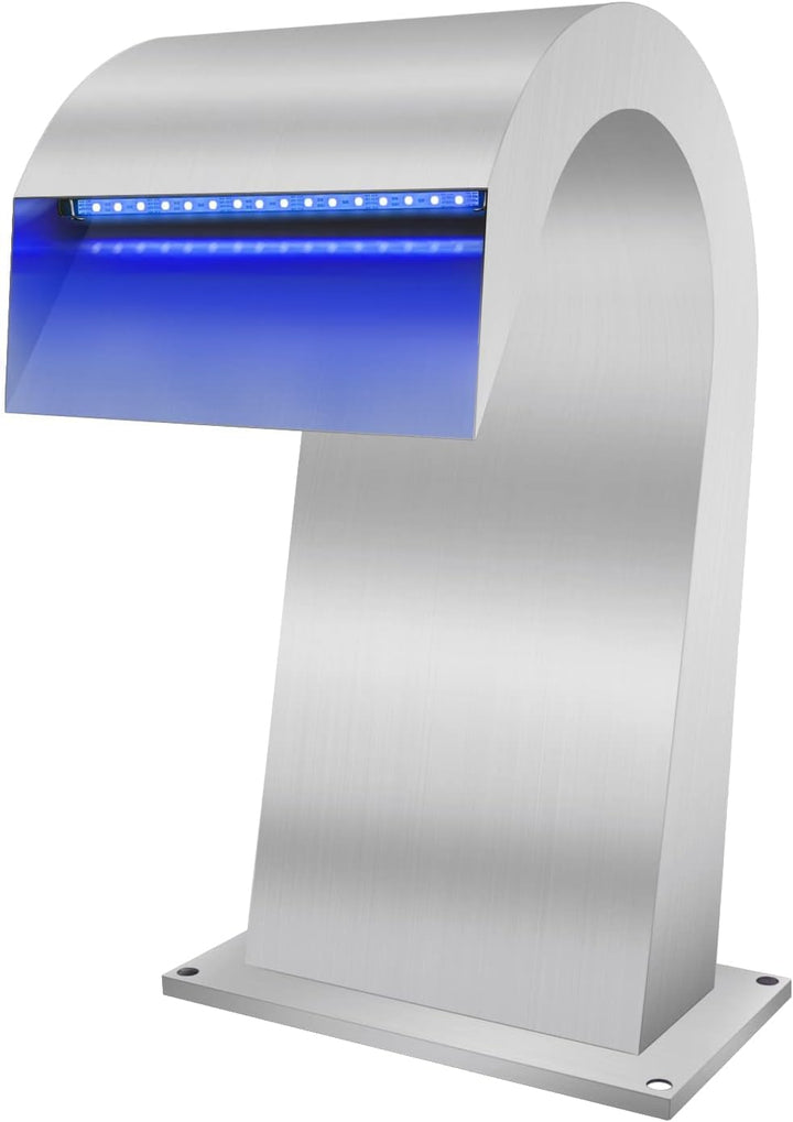 LONGRUN Pool Wasserfall Brunnen, 19x42.5x25cm Edelstahl Teich Wasserfall Überlauf mit 7 Farben LED,