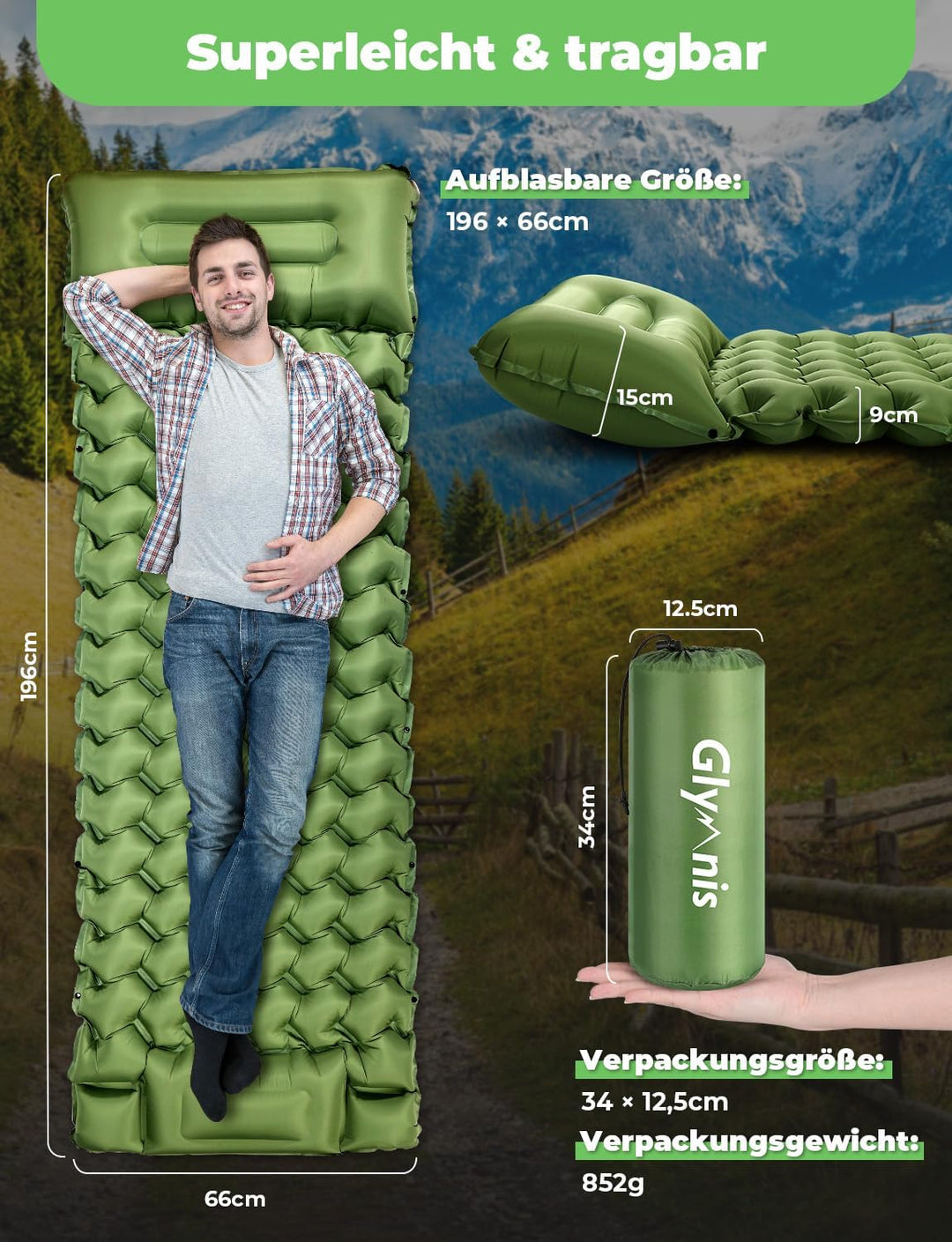 Glymnis Isomatte Camping Aufblasbare Luftmatratze mit Fusspresse Pumpe und Kissen, Wasserdicht Luftm