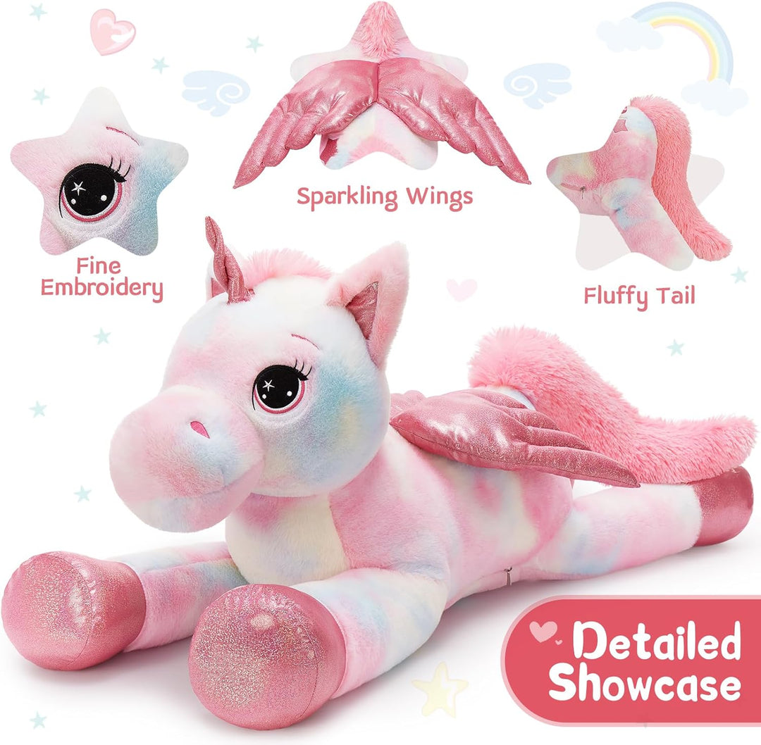 MorisMos Einhorn Kuscheltier gross XXL mit flügel, 110cm riesen Einhorn Stofftier Plüschtier, Gesche