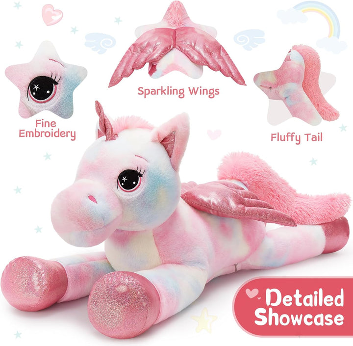 MorisMos Einhorn Kuscheltier gross XXL mit flügel, 110cm riesen Einhorn Stofftier Plüschtier, Gesche