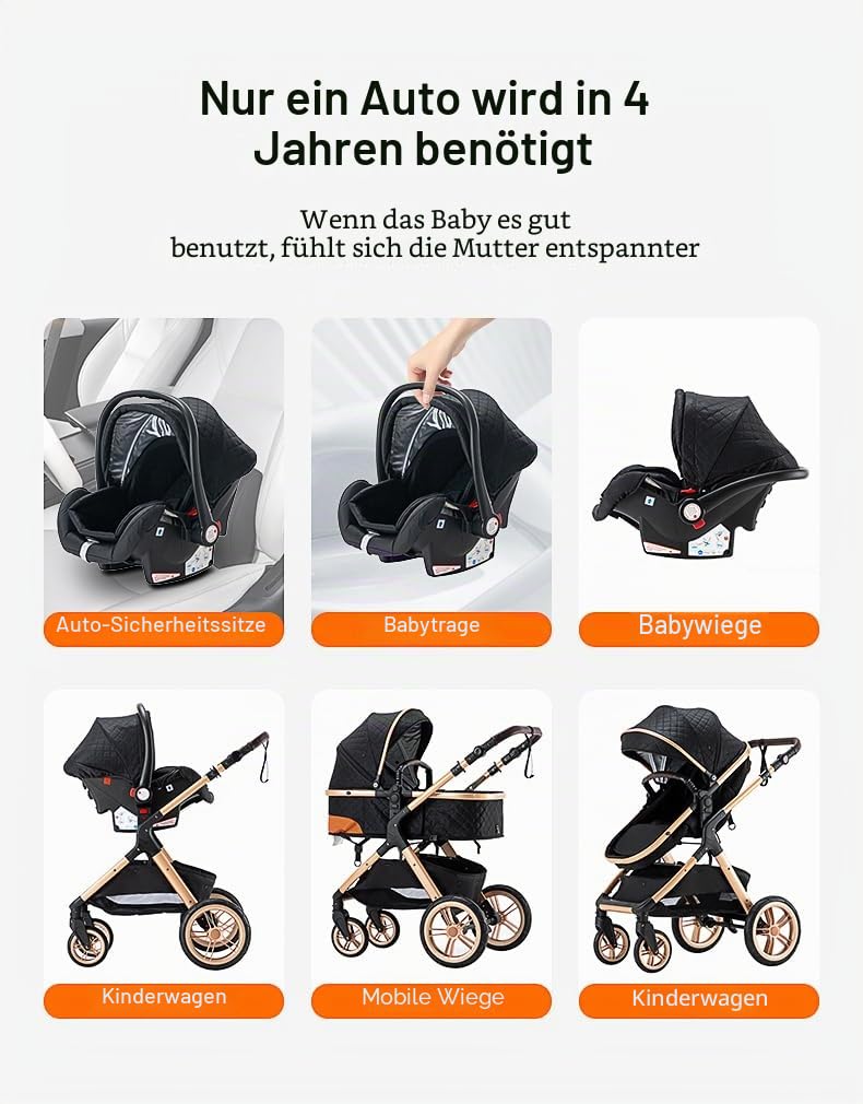 GLOKID Kinderwagen 3 in 8,Reisesysteme, Babywanne Buggy,Voll-Gummireifen,Mit Einem Klick Zusammenkla