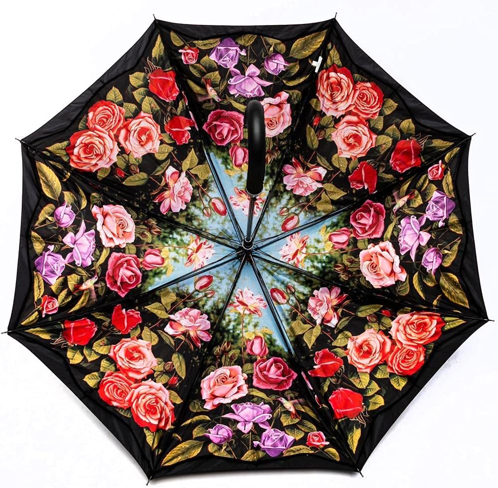 LUCKYWEATHER Regenschirm Stockschirm Damen Motiv Rosengarten Auf-Automatik Double Layer I Stockregen