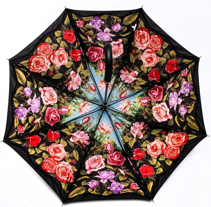 LUCKYWEATHER Regenschirm Stockschirm Damen Motiv Rosengarten Auf-Automatik Double Layer I Stockregen