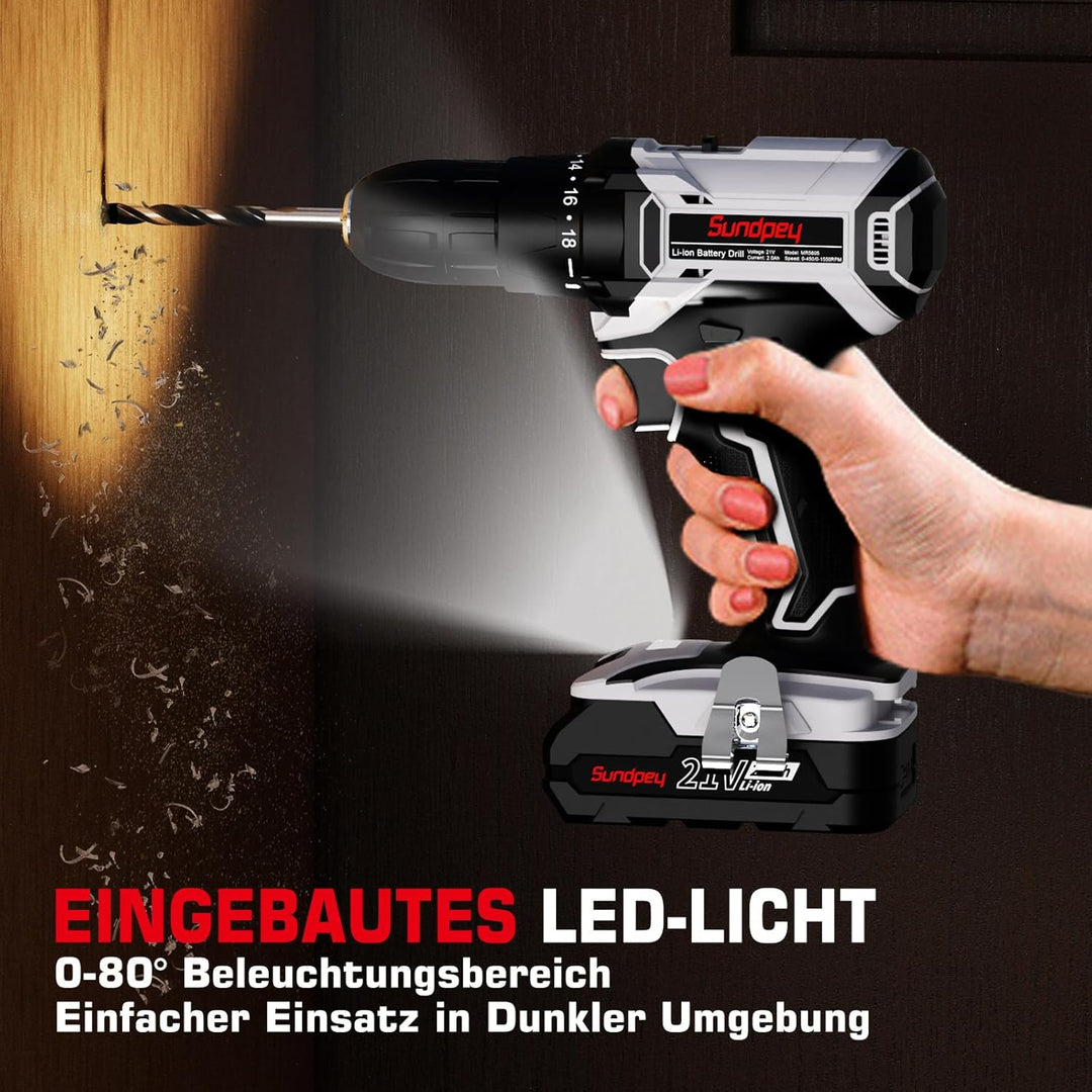 Akkuschrauber Set, 21V Akku Bohrschrauber - Sundpey 18+1 Akkubohrer mit 2 Akkus 2.0Ah, 45Nm Drehmome
